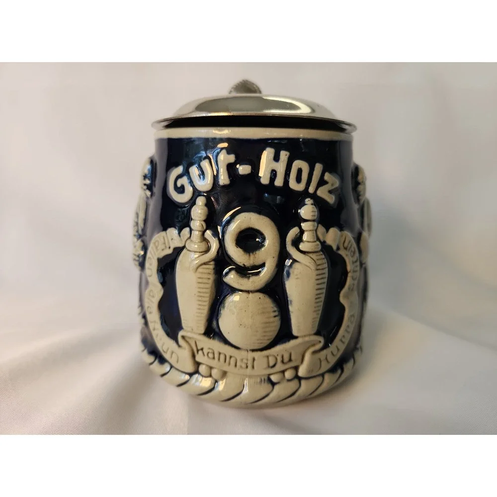 VTG 1930s Marzi Remy German Beer Stein 2789 Bowling Kegel Gut Holz Pewter Lid